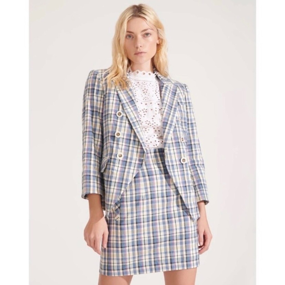 $695 Veronica Beard Empire Plaid Linen Double-breasted Dickey Jacket Blazer 2